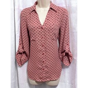IZ BYER Dusty Rose  Black Polka Dot Button Down Blouse sz: M